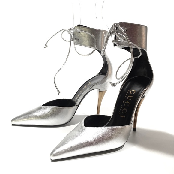 GUCCI ANKLE CUFF PUMPS -SILVER LEATHER / GOLD HEELS -US 7 -NEW - Picture 7 of 13
